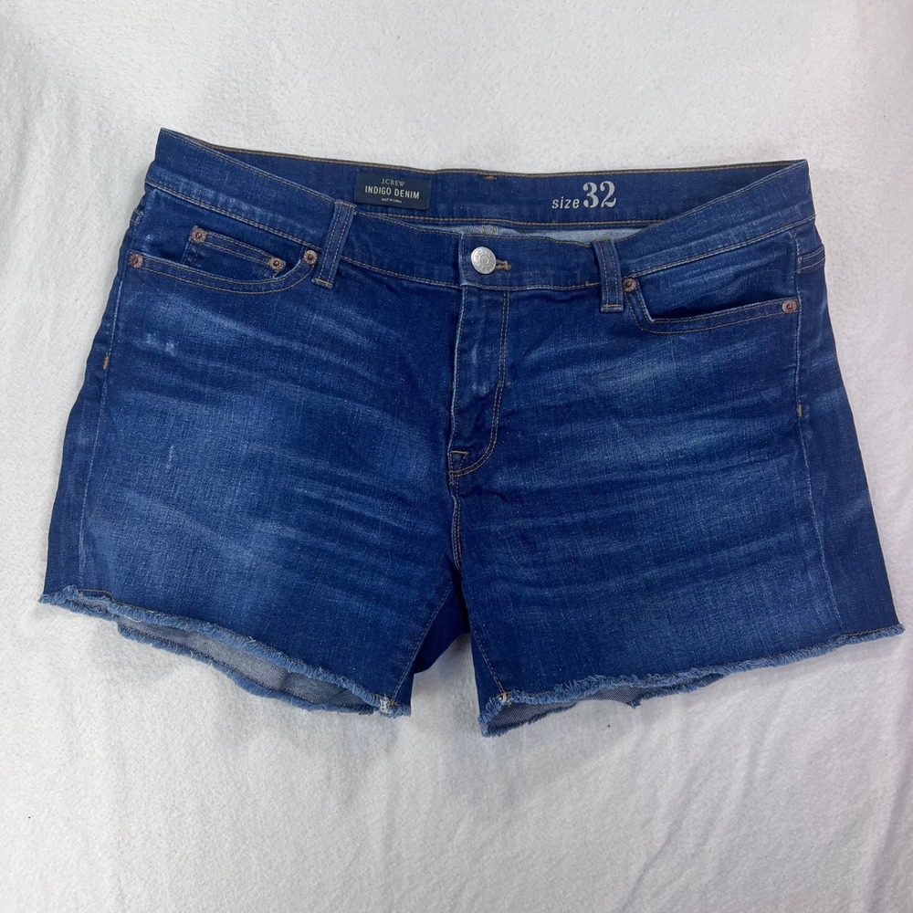 J.Crew Indigo Denim Cutoff Shorts Dark‎ Wash Raw Hem Size 32 Womens